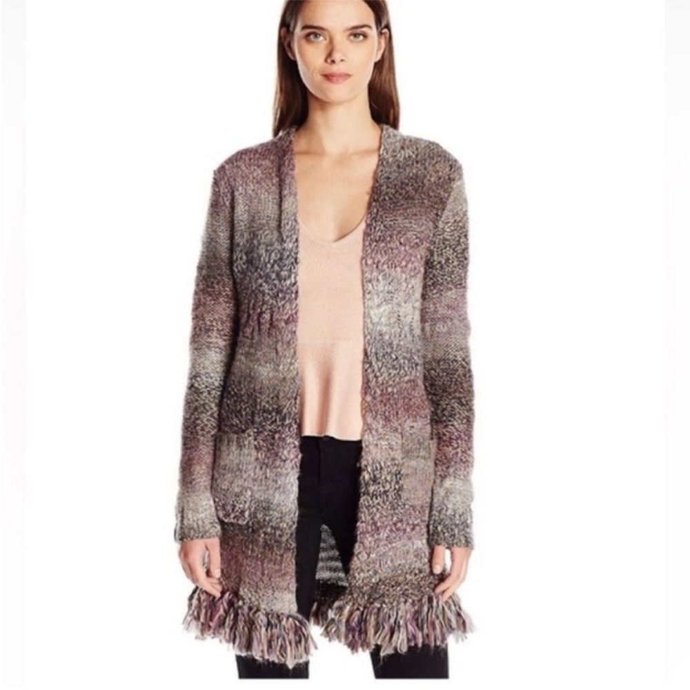 Lucky Brand Marled Stripe Purple Fringe Sweater Cardigan L New